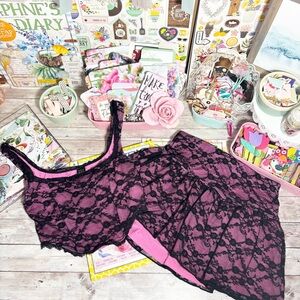 Black Floral Lace & Pink Crop Top Mini Skirt 2-pc. Set Women’s XS Dark Romantic
